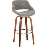 Fabrizzi 30" Swivel Bar Stool in Walnut Wood & Noise Grey Fabric with Chrome Footrest (Set of 2)